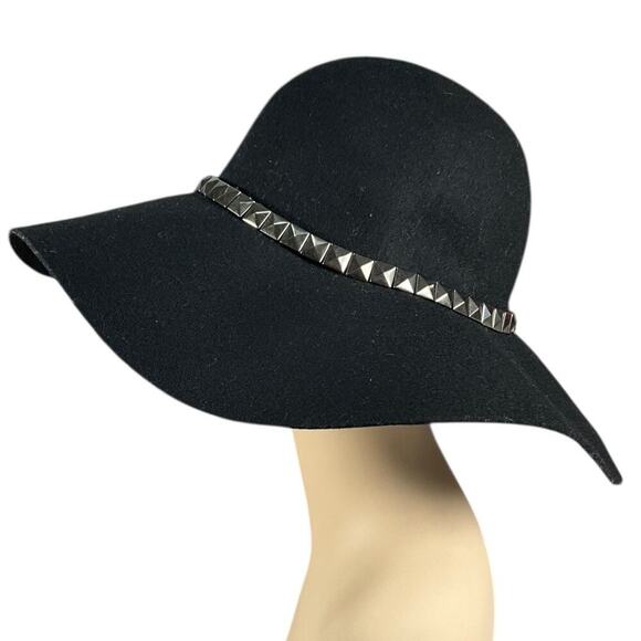 D&Y Black Wool Wide Brim Floppy Hat Studded Band Boho Western Festival, Bohemian